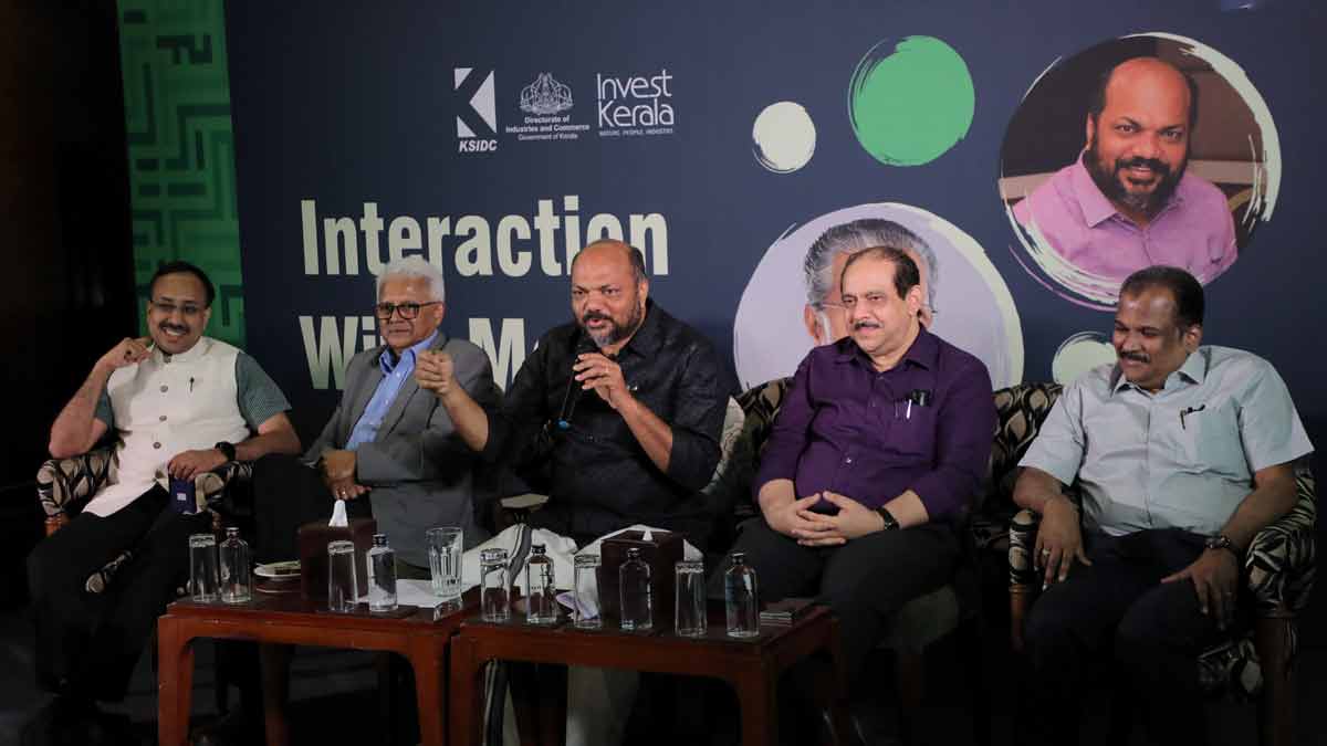 Kerala Industries Minister P. Rajeeve with KSIDC MD S. Harikishore, Chairman C. Balagopal, Principal Secretary (Industries) A.P.M. Mohammed Hanish and KINFRA MD Santosh Koshy Thomas