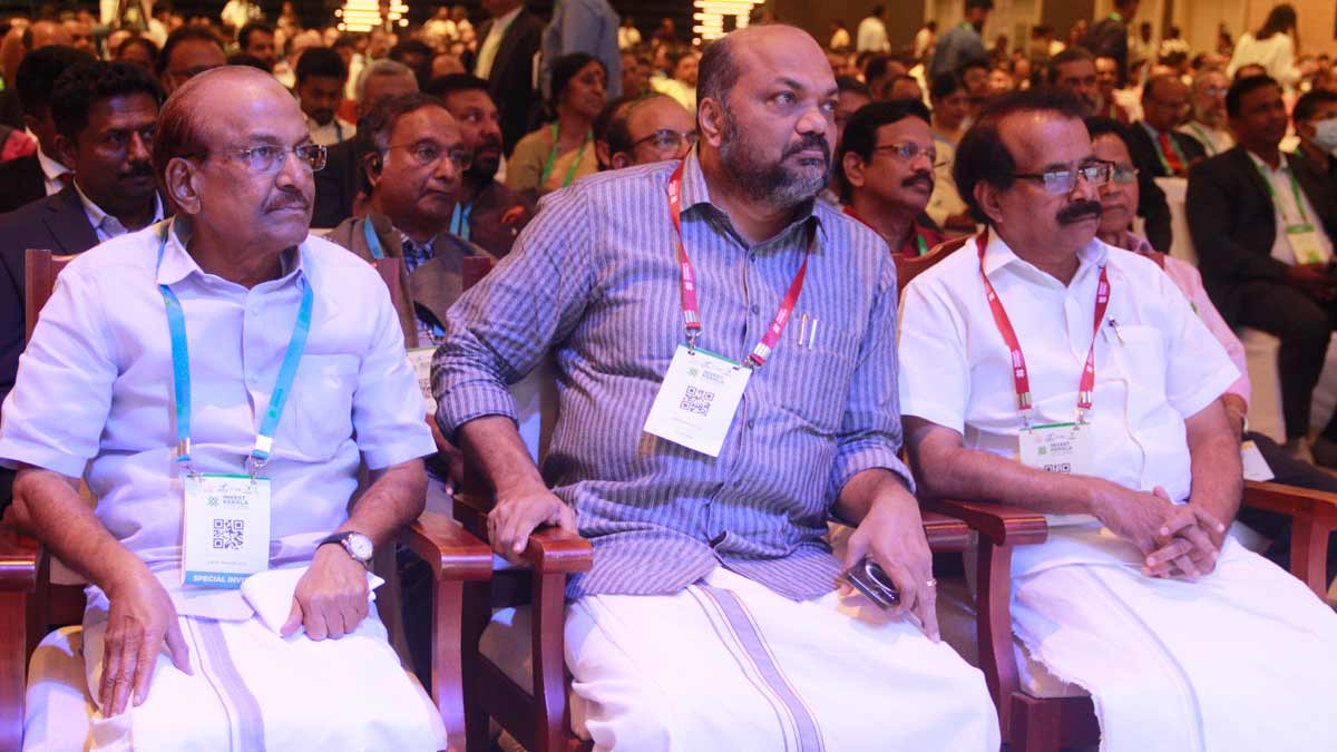 Kerala Industries Minister P. Rajeeve with deputy opposition leader P.K. Kunhalikutty (left) and Union Minister of State George Kurian at the Invest Kerala Global Summit 2025 in Kochi | Nitin SJ Asariparambil