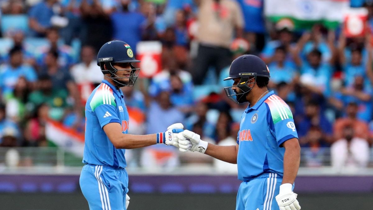 (File) Shubman Gill and Rohit Sharma bump fists at the India v Pakistan group A match of the ICC Champions Trophy on Feb 23, 2025 at Dubai | REUTERS
