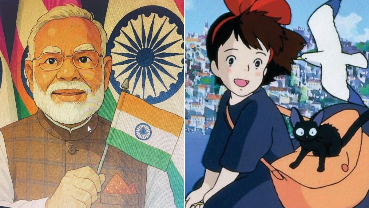 (Left) PM Narendra Modi in an AI-generated image posted by @myGovIndia on X; (Right) A still from the Studio Ghibli 1989 animated film, ‘Kiki’s Delivery Service’/‘Majo no takkyûbin’ | Credit: Studio Ghibli
