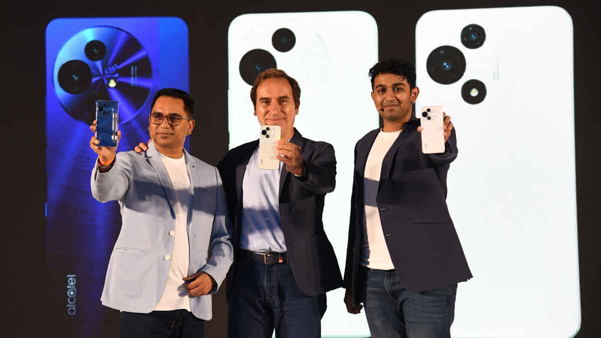 From Left: Atul Vivek, Chief Business Officer, NXTCell India, Gregory Fermanian, CRM Senior Director TCL Mobile(Inc Alcatel Mobile) and Ansh Rathi CEO NXTCell shows the Alcatel V series mobile phones during the launch in New Delhi | Sanjay Ahlawat