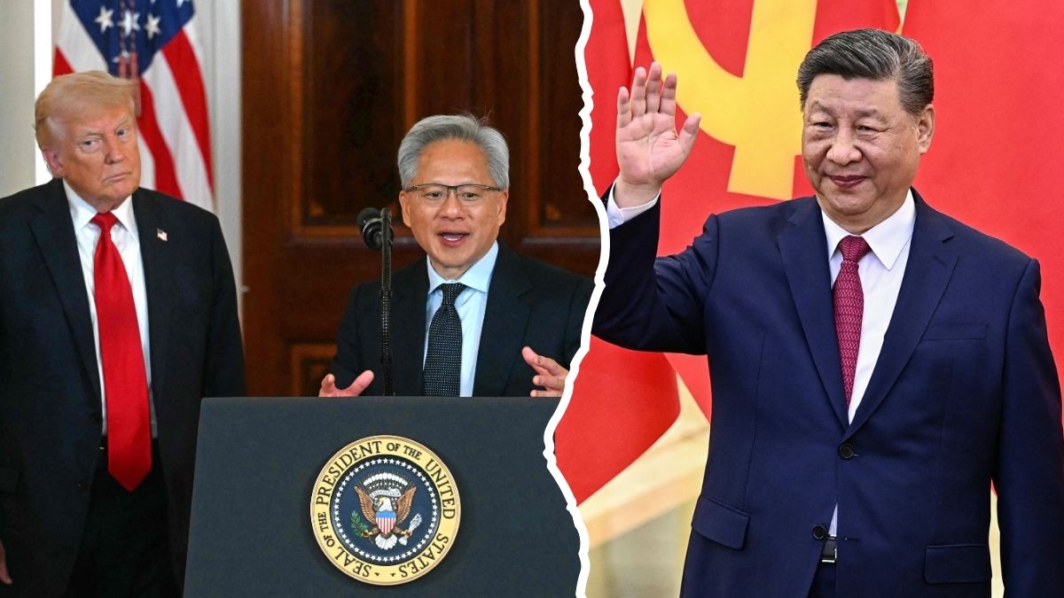 Representative collage: US President Donald Trump (left), Nvidia CEO Jensen Huang (centre), Chinese President Xi Jinping (right) [FILE] | AFP