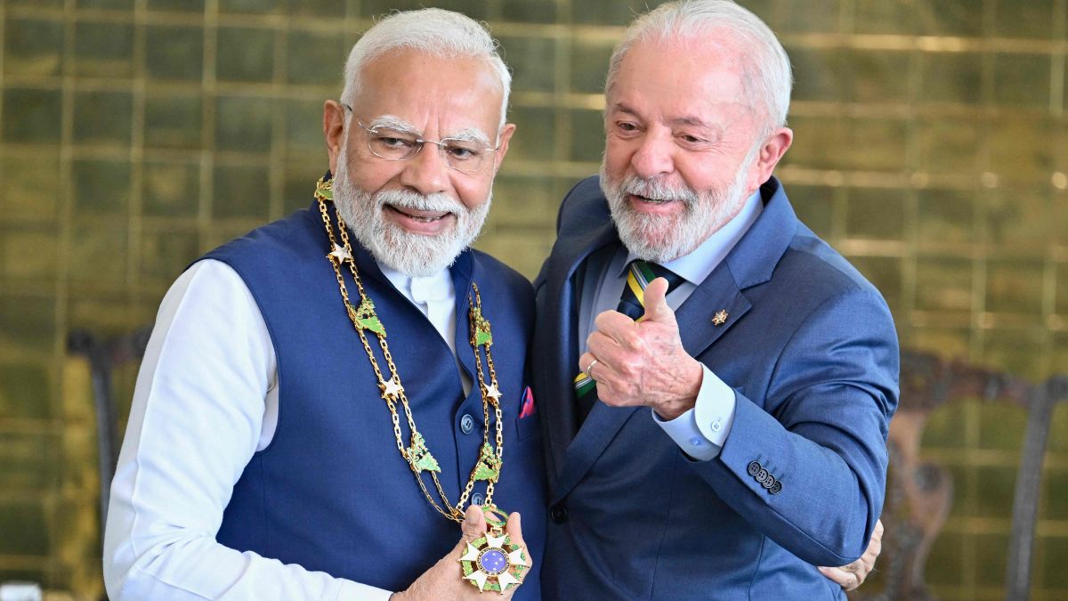 FILE: India Prime Minister Narendra Modi receives the National Order of the Southern Cross from Brazil's President Luiz Inacio Lula da Silva on July 8 2025 | AFP