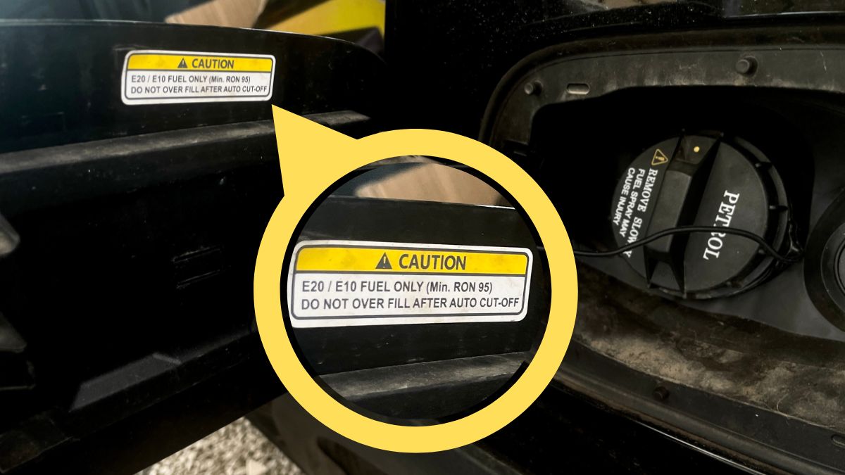 From the inside of the fuel inlet enclosure of a 2024 version Mahindra XUV 3XO showing the E20 petrol label | Nitin SJ Asariparambil