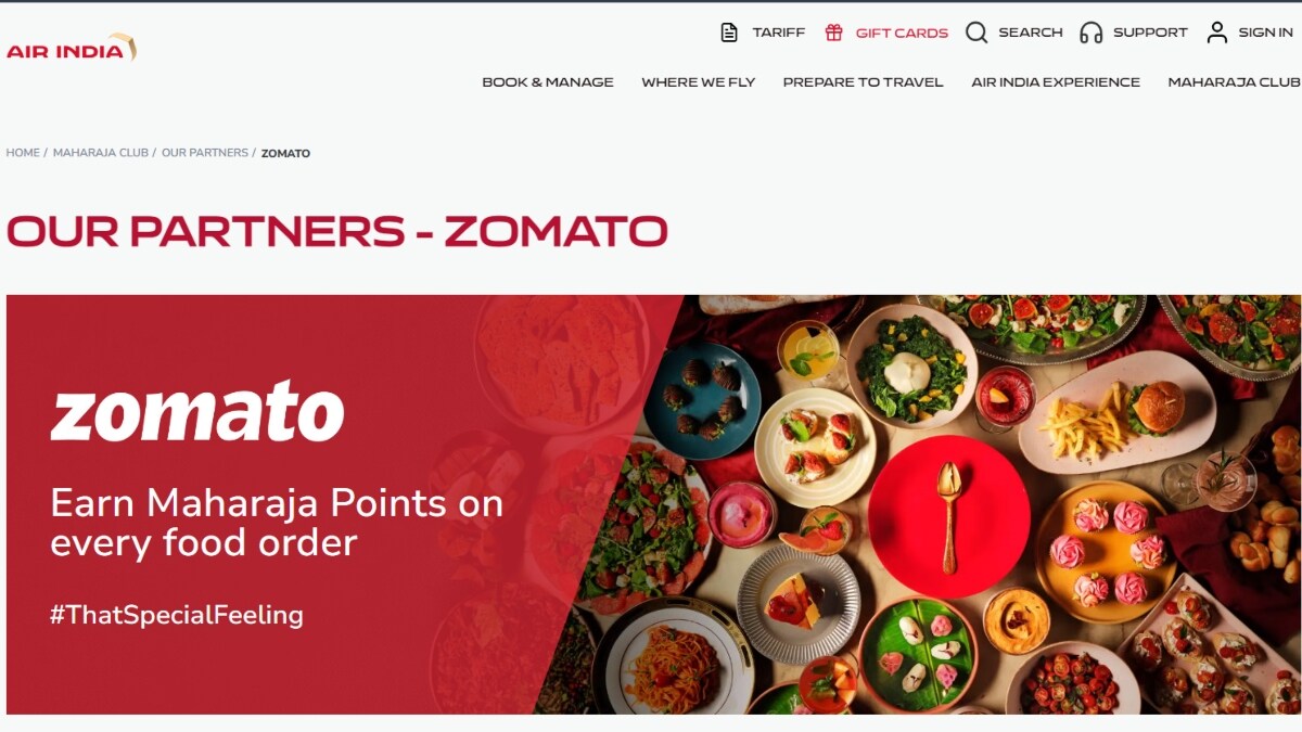 The Air India website announced the partnership with Zomato
