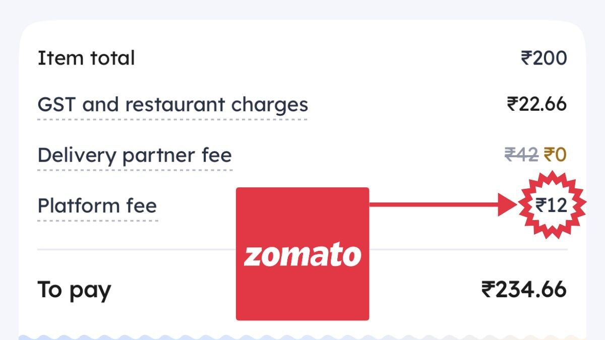 Screengrab of the Zomato app with Gold showing the updated Rs 12 platform fee