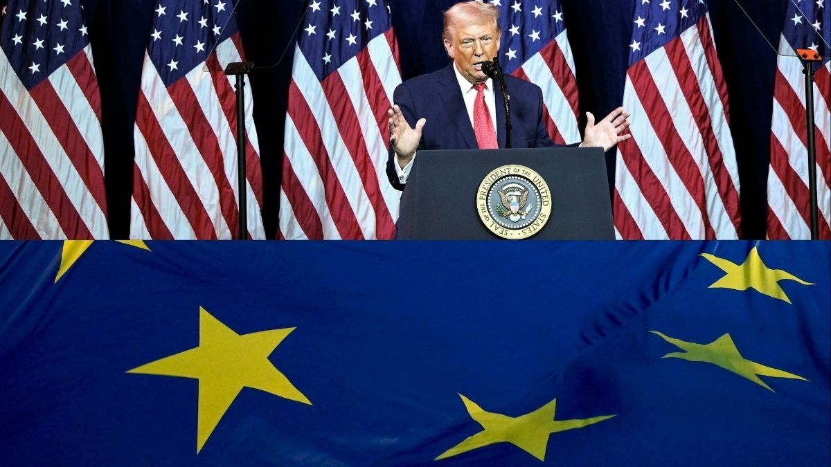 Combo of file photos of US President Donald Trump and EU flag | AFP