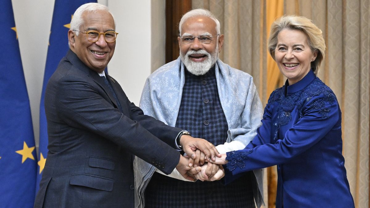 Prime Minister Narendra Modi with European Council President Antonio Costa, left, and European Commission President Ursula von der Leyen, right, during their meeting at the Hyderabad House, in New Delhi | Josekutty Panackal / Manorama