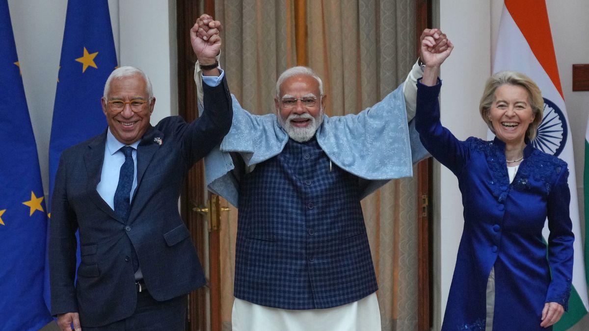 Prime Minister Narendra Modi with European Council President Antonio Costa and European Commission President Ursula von der Leyen in New Delhi | AP