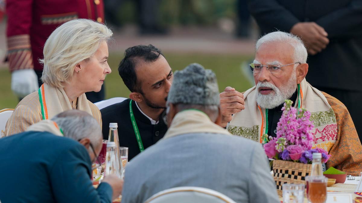 Prime Minister Narendra Modi with President of the European Commission Ursula von der Leyen and others during the 'At-Home' reception in New Delhi | PTI
