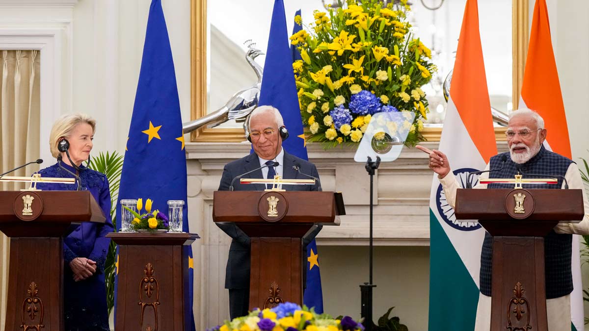  Prime Minister Narendra Modi with European Council President Antonio Costa, centre, and European Commission President Ursula von der Leyen, left, during a joint press statement after their meeting at the Hyderabad House, in New Delhi | PTI