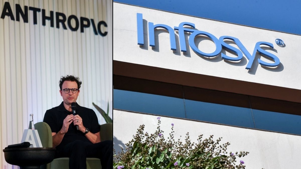 Left: Dario Amodei, CEO of Anthropic, speaks during the Anthropic Builder Summit in Bengaluru on February 16; Right: Infosys HQ | Reuters