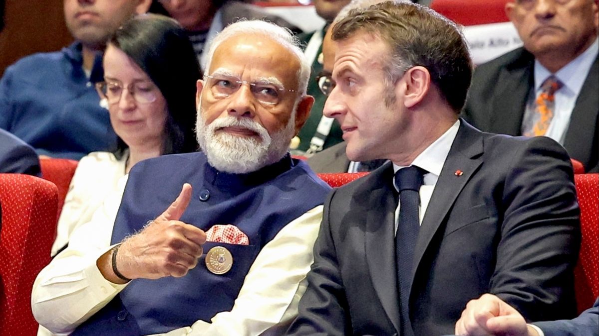 Prime Minister Narenda Modi with France's president Emmanuel Macron at India AI Impact Summit 2026 in February | PMO/X