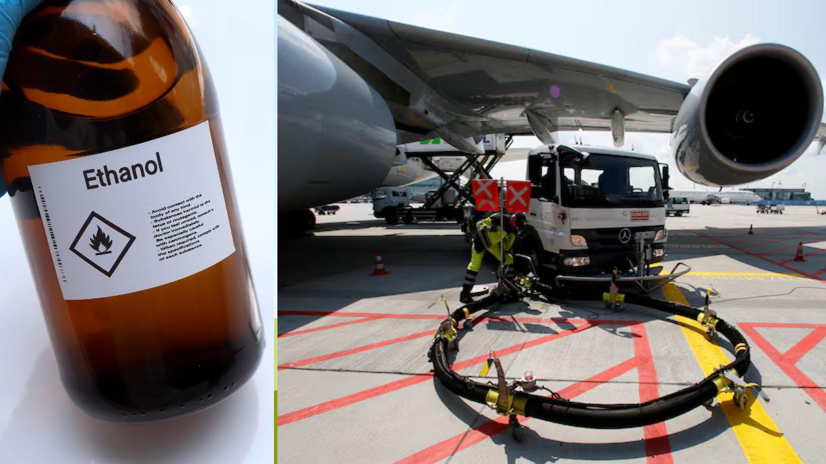 Representative images of ethanol (L) and a flight being refuelled at an airport (R) | Reuters, Shutterstock