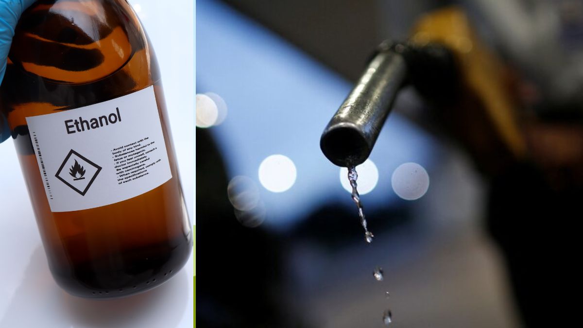 Representative images of ethanol (L) and petrol dripping from the nozzle of a fuel pump (R) | Shutterstock, Reuters