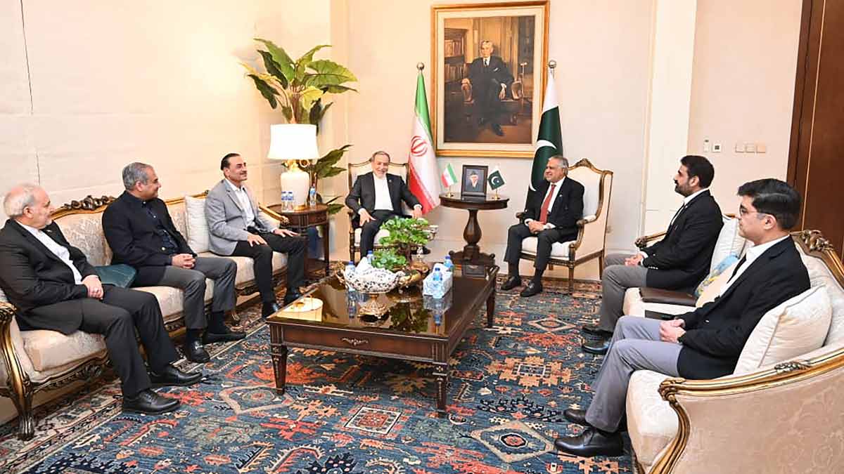 Iran's Foreign Minister Abbas Araghchi (C) speaks with Pakistan's Foreign Minister Ishaq Dar (3R) and Pakistan's Army Chief and Field Marshal Syed Asim Munir (3L) upon his arrival at Nur Khan air base in Rawalpindi, near Islamabad | AFP