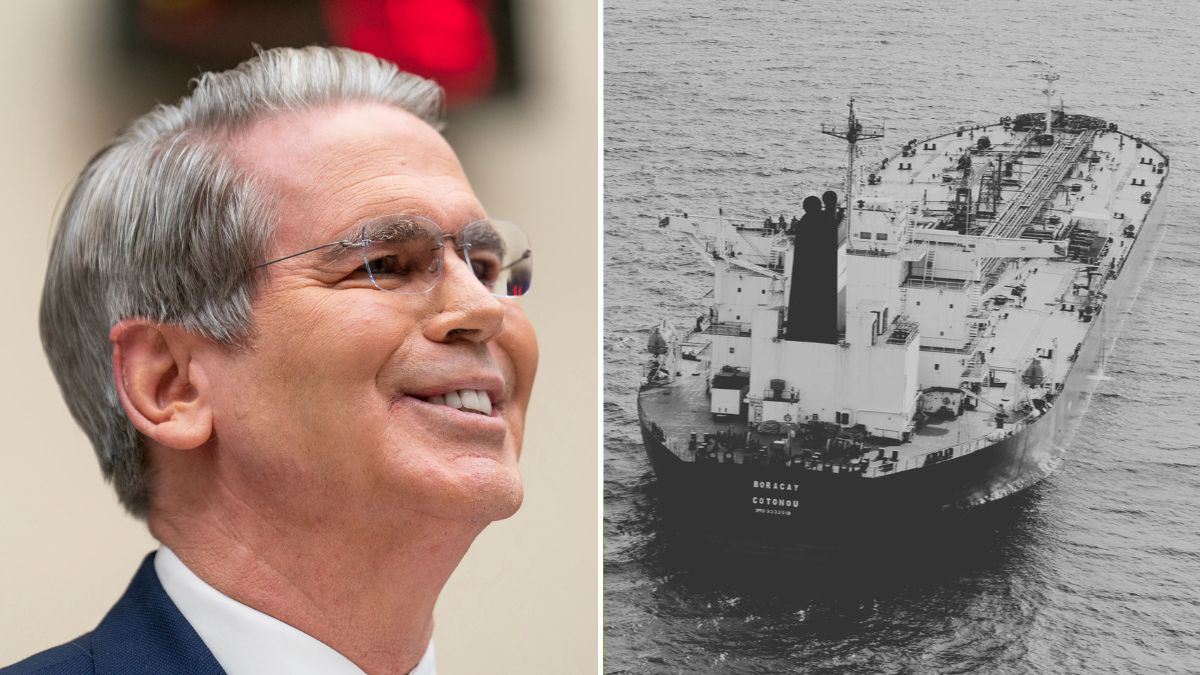 US Treasury Secretary Scott Bessent (L) and a representative image of an oil tanker (R) | AP