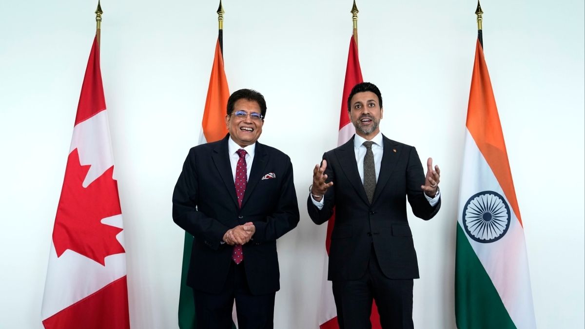 Union Minister of Commerce and Industry Piyush Goyal with Canada's Minister of International Trade Maninder Sidhu, right, before a bilateral meeting in Ottawa, on Monday, May 25, 2026 | AP