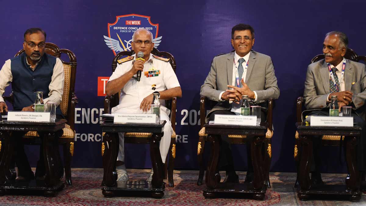 (From left) Jathesh Chandra, Director General (Design), Cochin Shipyard; Vice Admiral Rajaram Swaminathan, CWP&A (Controller of Warship Production and Acquisition); Cdr Vasudev Puranik, Director (Corporate Planning and Personnel) Mazagon Dock and Commodore R.S. Vasan (rtd), DG, Chennai Centre for China Studies during a panel discussion | Sanjay Ahlawat