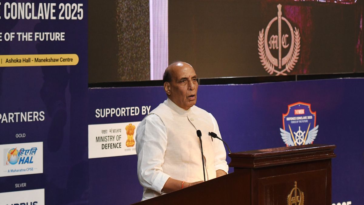 Union Defence Minister Rajnath Singh addresses the audience at ‘THE WEEK Defence Conclave 2025: Force of the Future’ in New Delhi | Sanjay Ahlawat