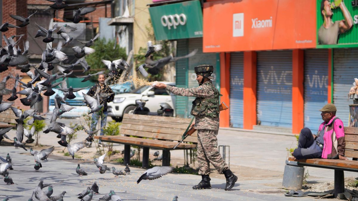 An Indian soldier feeds pigeons at a market, day after India and Pakistan agreed to a ceasefire Saturday | AP