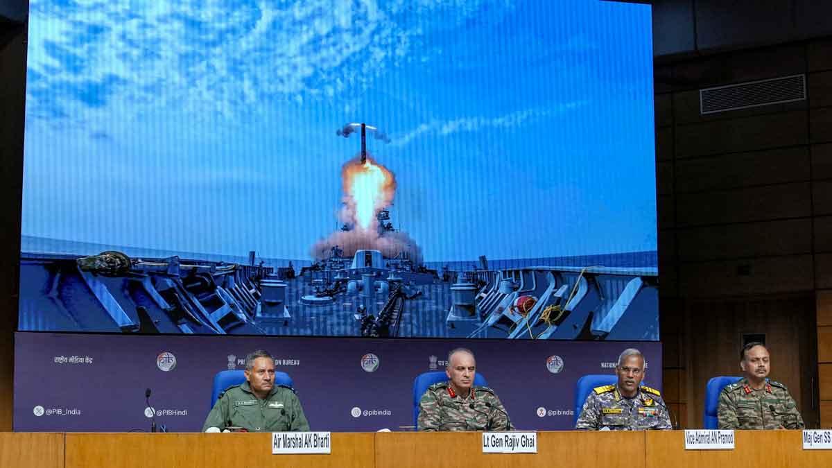 Director General of Military Operations (DGMO) Lt General Rajiv Ghai with Air Marshal AK Bharti, Vice Admiral AN Pramod and Major General SS Sharda during a press conference on 'Operation Sindoor', in New Delhi | PTI