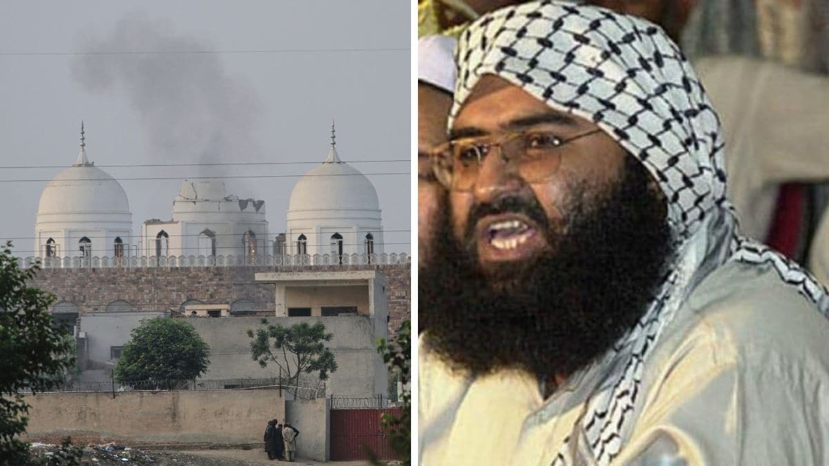 JeM leader Masood Azhar. (Right)  Local residents stand outside a mosque of an Islamic seminary partially damaged by a suspected Indian missile attack, outskirts of Bahawalpur |  X 