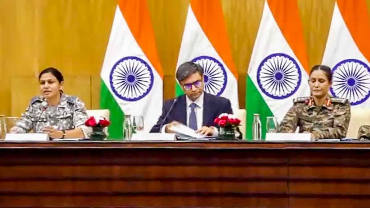Screengrab: In this Screenshot via MEA Youtube, Foreign Secretary Vikram Misri with IAF Wing Commander Vyomika Singh and Army's Colonel Sofiya Qureshi addresses a press conference, in New Delhi | PTI