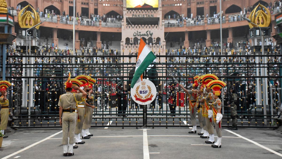 BSF personnel perform during the Beating Retreat ceremony on the eve of the Independence Day at the Attari-Wagah Border, in Amritsar, Punjab, Thursday, August 14, 2025. | PTI