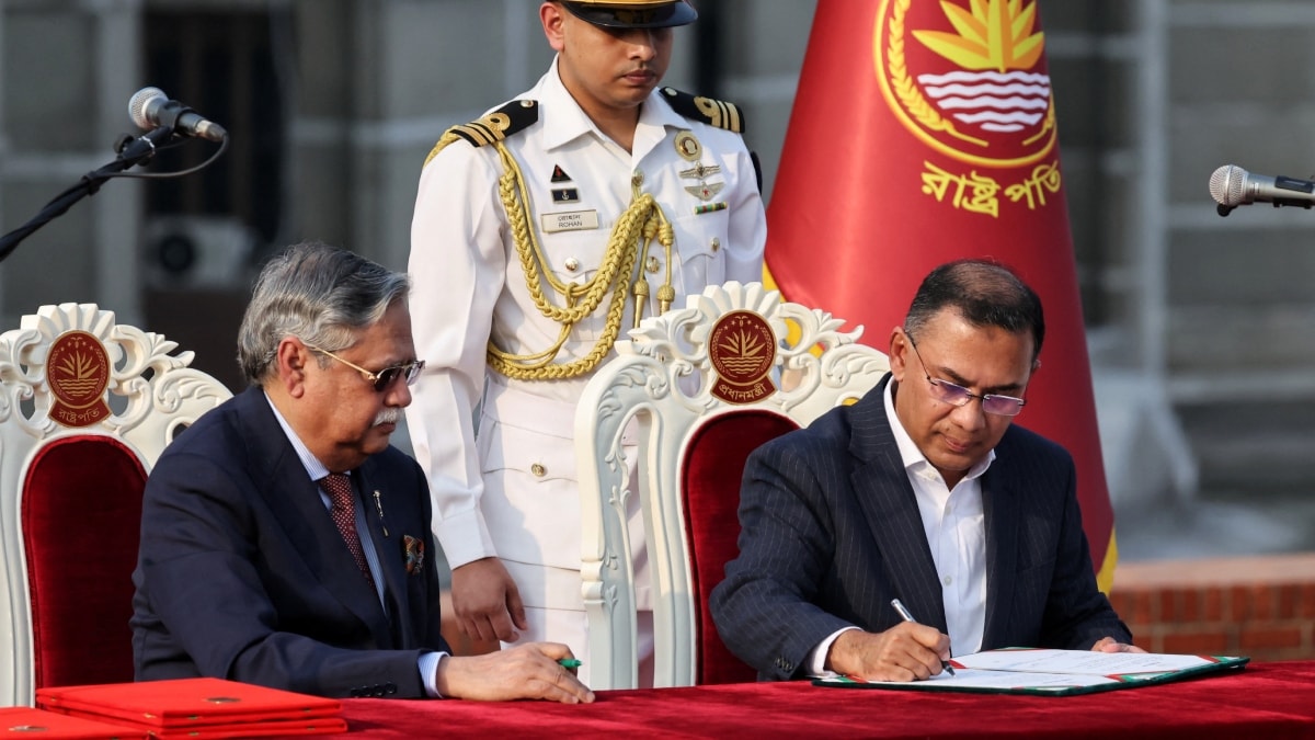 Tarique Rahman signs in as the new Prime Minister during an oath‑taking ceremony administered by Bangladesh’s President Mohammed Shahabuddin at the South Plaza of the parliament building | Reuters
