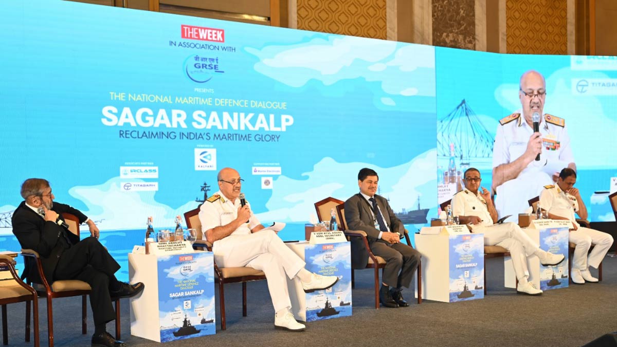 A panel discussing the theme, 'Securing the Seas: Aligning Naval Shipbuilding with Geopolitical Realities' at THE WEEK-GRSE summit | Salil Bera