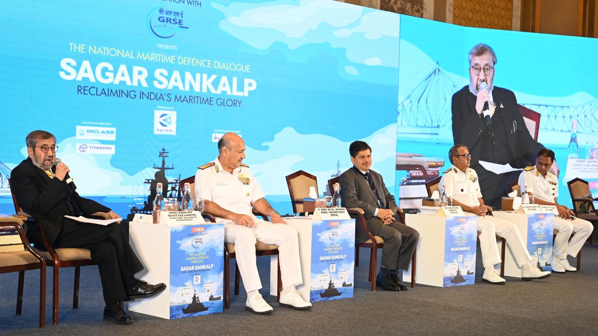 Maritime security strategist Abhijit Bhattacharyya chairing the panel discussion on  'Securing the Seas: Aligning Naval Shipbuilding with Geopolitical Realities' at the  ‘Sagar Sankalp – Reclaiming India’s Maritime Glory’, a high-level maritime defence dialogue organised by THE WEEK in association with leading warship maker GRSE (Garden Reach Shipbuilders and Engineers) in Kolkata on Friday |  Salil Bera 