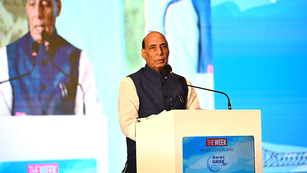 Defence Minister Rajnath Singh speaks at THE WEEK-GRSE Sagar Sankalp national maritime defence dialogue in Kolkata | Salil Bera