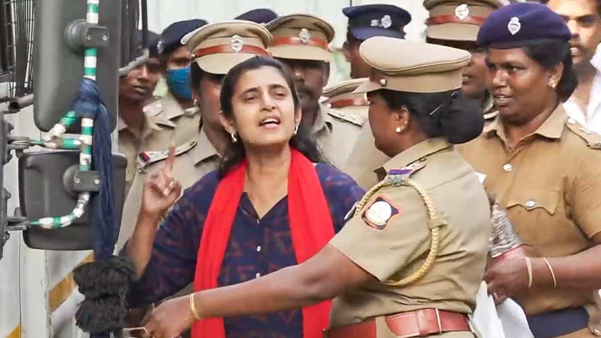 Actor Kasthuri at a police station after her arrest over her alleged remarks on the Telugu-speaking people, in Chennai | PTI