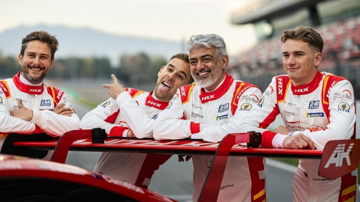 'Thala' Ajith with the crew of Ajith Kumar Racing