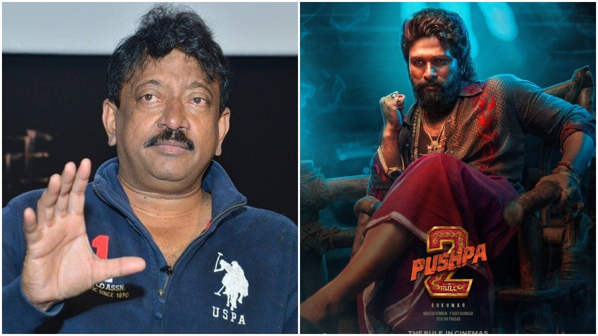 Ram Gopal Varma and a poster of Allu Arjun's 'Pushpa 2'