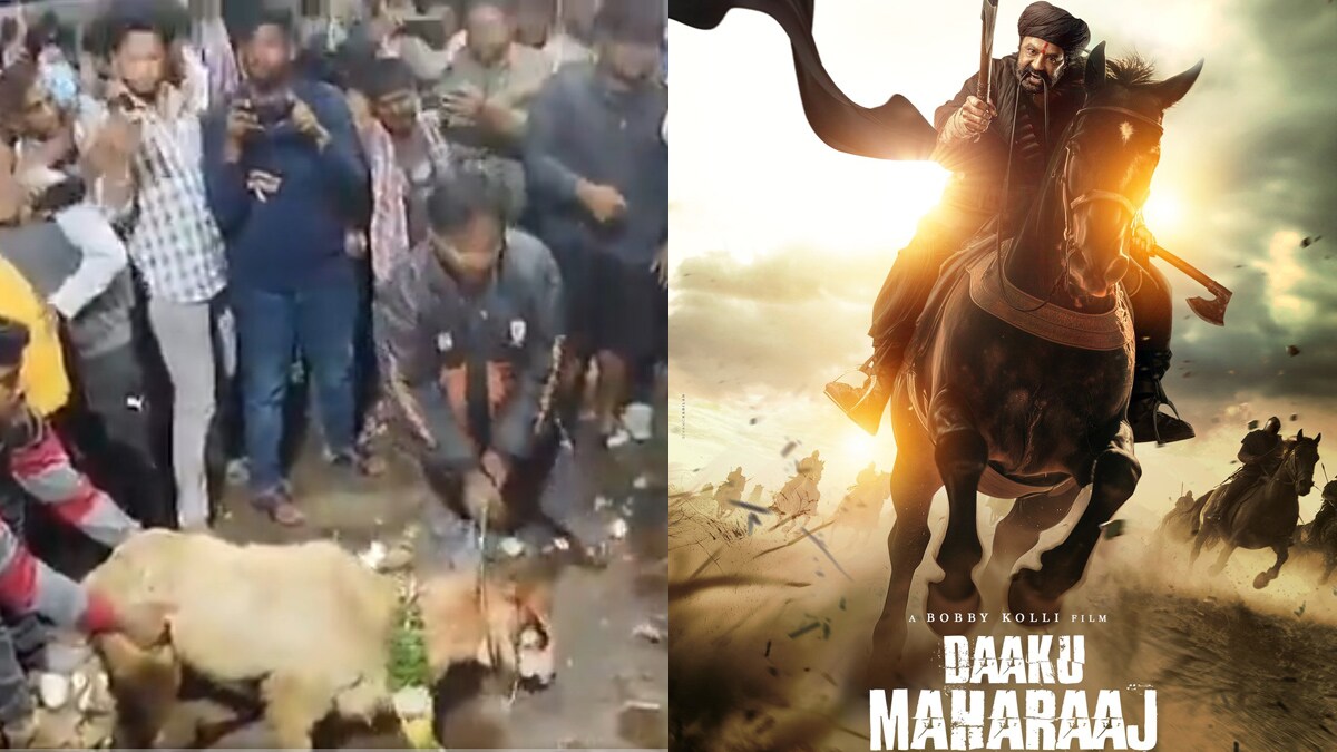 (L) Fans sacrificing a garlanded goat hoping to bring success to their idol Balakrishna, (R) 'Daaku Maharaaj' movie poster | X