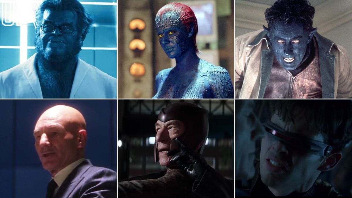 (L to R, top to bottom) Kelsey Grammer as Beast, Rebecca Romijn as Mystique, Alan Cumming as Nightcrawler; Patrick Stewart as Professor X, Ian McKellen as Magneto, and James Marsden as Cyclops | Stills from X-Men movies / Disney/Marvel/20th Century Fox