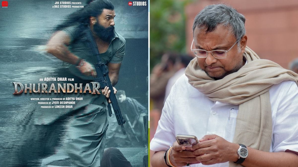 A poster for 'Dhurandhar' (L) and Congress MP Karti Chidambaram (R) | IMDb, PTI