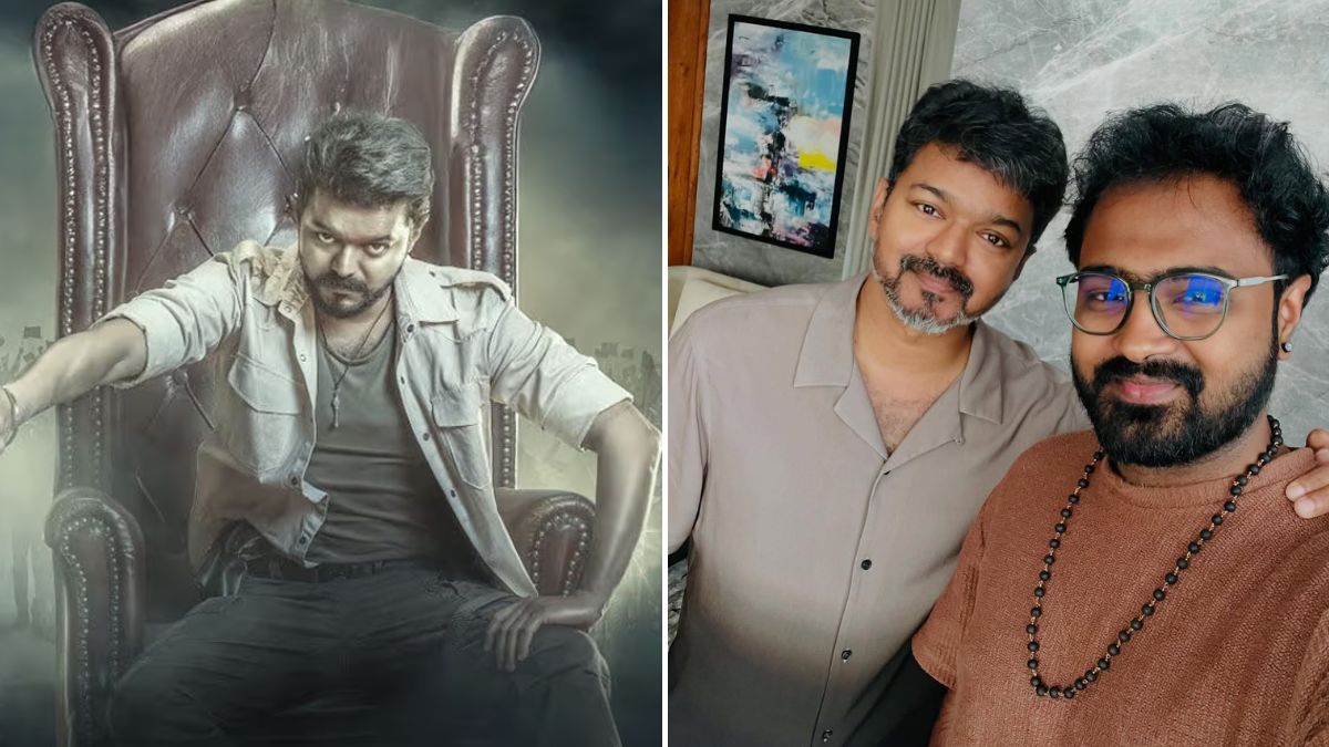 Actor-politician Vijay in a still from 'Jana Nayagan' (L) and in a selfie with editor Pradeep E. Ragav (R) | KVN Productions, IG/@pradeeperagav