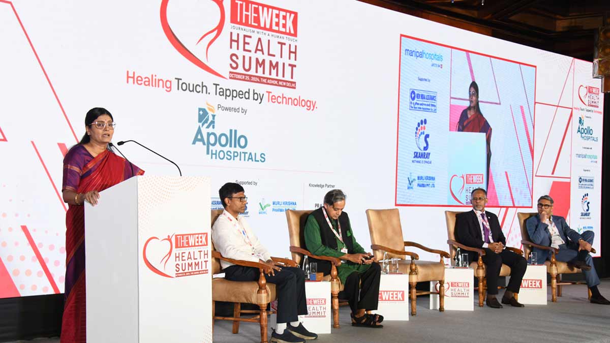 Union Minister Anupriya Patel speaks as (from left) Dr M. Srinivas, director, AIIMS Delhi; Thiruvananthapuram MP Shashi Tharoor; Kedir Awol Omar, head of regional delegation, International Committee of the Red Cross; and Riyad Mathew, senior associate editor and director of THE WEEK, look on, at THE WEEK Health Summit 2024, in New Delhi | Sanjay Ahlawat