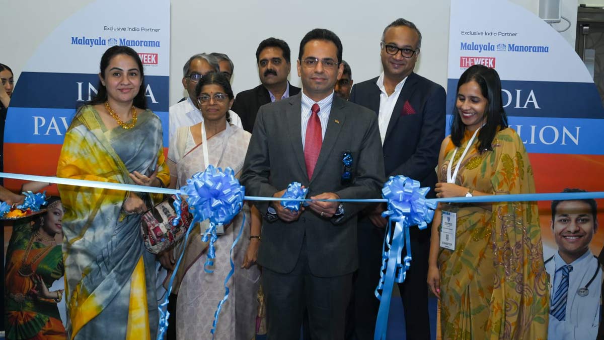 Ambassador Amit Narang inaugurating the Indian Pavilion at the Oman Health Exhibition and Conference 2024. He is flanked by Deputy Chief of Mission Tavishi Behal Pander, Second Secretary Parvati Nair and Uma Abraham, deputy manager, Malayala Manorama