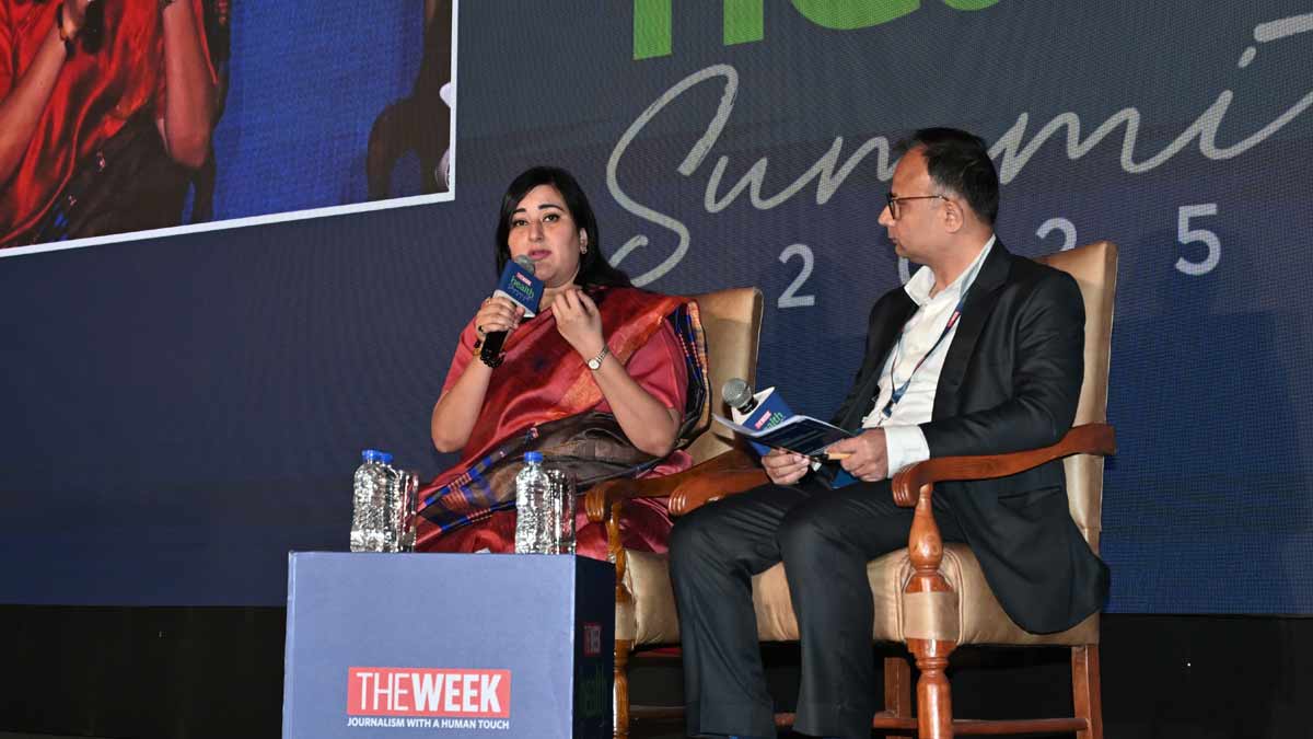 BJP MP and THE WEEK columnist Bansuri Swaraj speaks in a session moderated by Senior Assistant Editor Pratul Sharma at THE WEEK Health Summit 2025 in Delhi | Sanjay Ahlawat
