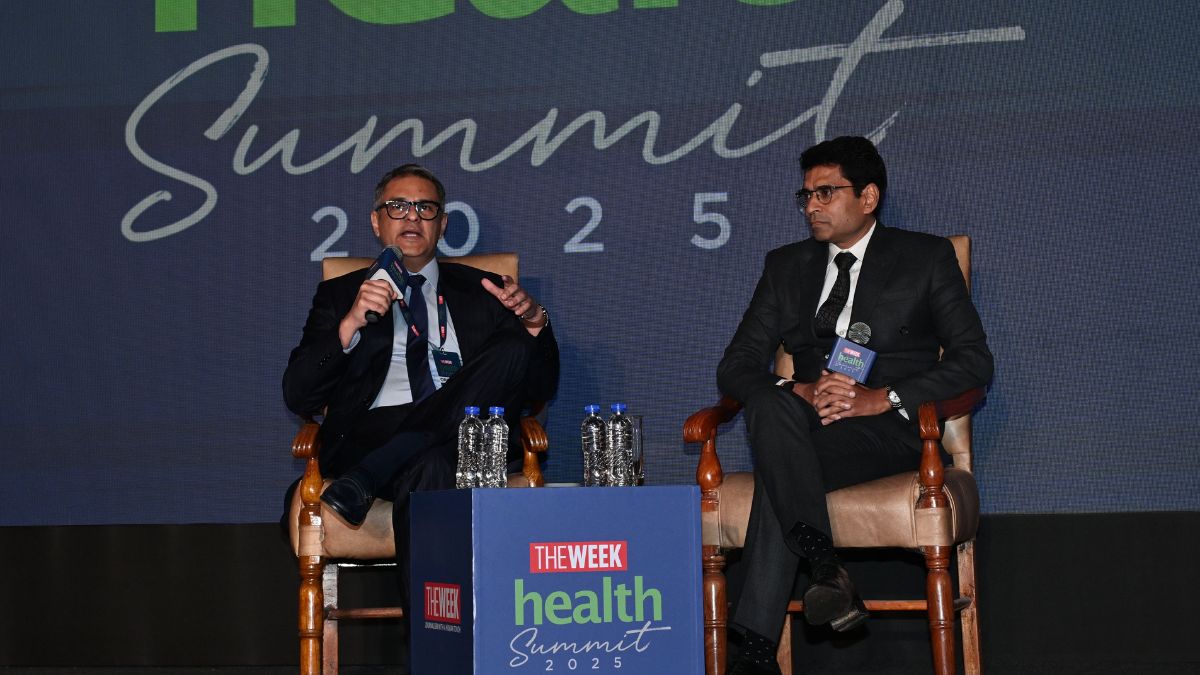 Riyad Mathew, Chief Associate Editor and Director of THE WEEK, in conversation with Vikrant Shrotriya, MD, Novo Nordisk India, at THE WEEK Health Summit 2025, Delhi | Sanjay Ahlawat