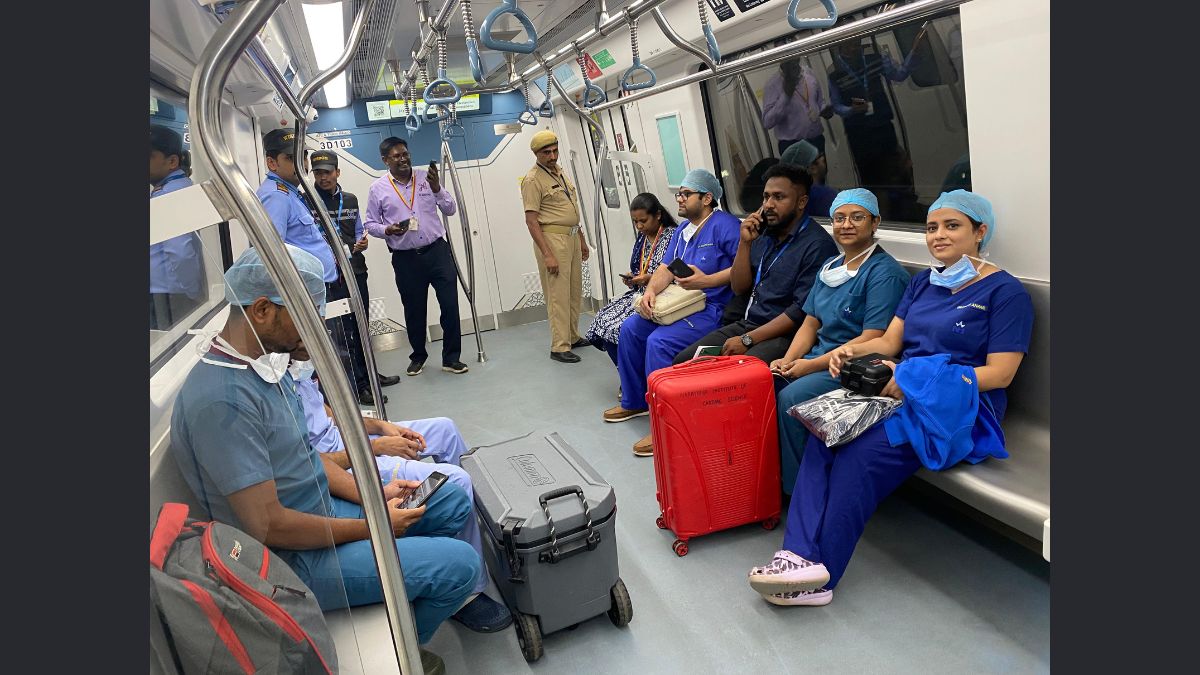 Doctors transport a heart via Namma Metro yellow line, ensuring a quick and efficient journey to save a life.
