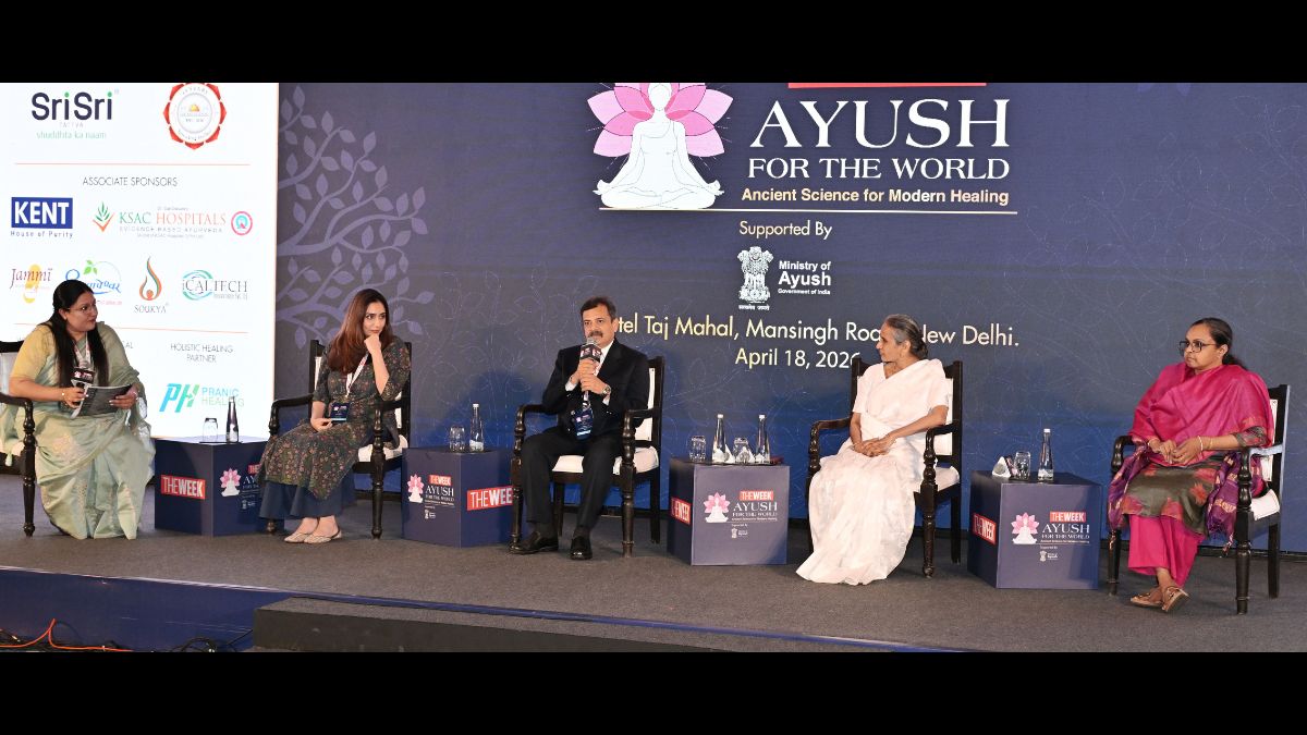 (From left to right) Kanu Sarda, Senior Special Correspondent at THE WEEK, in conversation with Mekhla Muttoo, a leading expert on Pranic Healing; Dr Raghuveer A.R., Senior Naturopathic Physician at SOUKYA; Dr Vasanti S. Iyer, CEO & Director, Sri Sri School of Yoga, Art of Living; and Dr Anju Majeed, Group Executive Chairperson, Sami Sabinsa Group; at THE WEEK AYUSH Conclave in New Delhi on April 18, 2026 | Sanjay Ahlawat