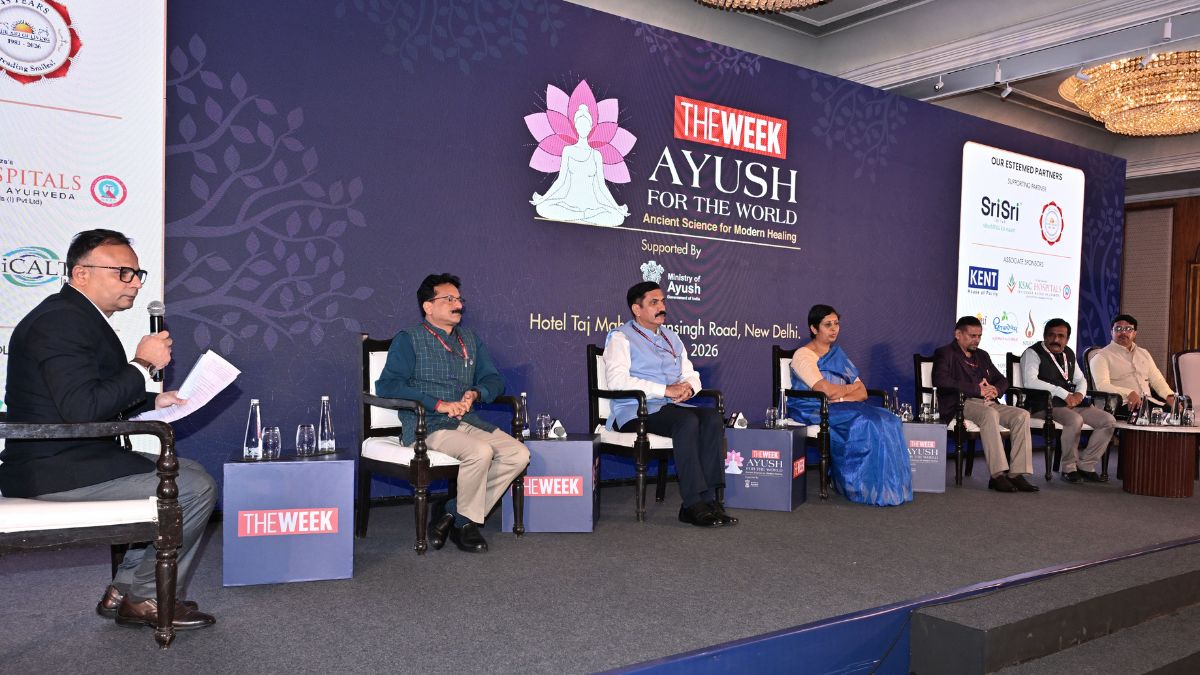 From Left to Right: Prof Rabinarayan acharya, Director General Central council for research in Ayurvedic Sciences,  Dr Subhash kaushik, DG Homeopathy,  Alarmelmangai D. Joint Secretary Ministry of Ayush, Dr N. Zaheer ahmed, DG, CCRUM, Dr N. J. Muthu Kumar, DG Central Council for Research in Siddha,  Dr Kashinath Samagandi, Director, Morarji Desai National Institute of Yoga, Dr Padma Gurmet, head of National Institute of Sowa Rigpa, Leh, at THE WEEK Ayush Conclave in Delhi | Sanjay Ahlawat