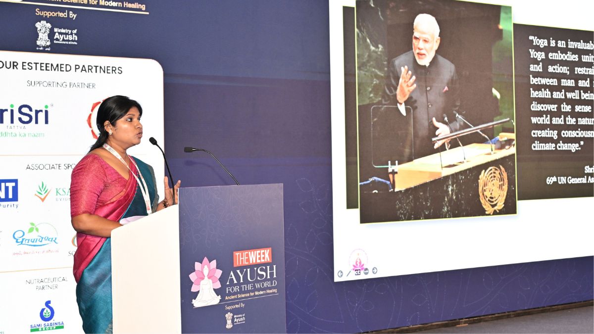 Anu James, research scientist , Centre for Integrated Medicine and Research AIIMS, speaking at THE WEEK Ayush Conclave in New Delhi | Sanjay Ahlawat 