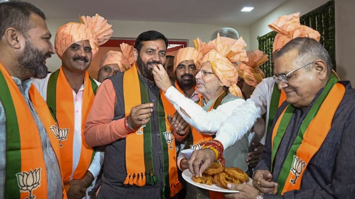 Nayab Singh Saini celebrates with BJP leaders and workers after he was unanimously elected as the party's legislature party leader in Haryana, in Panchkula | PTI