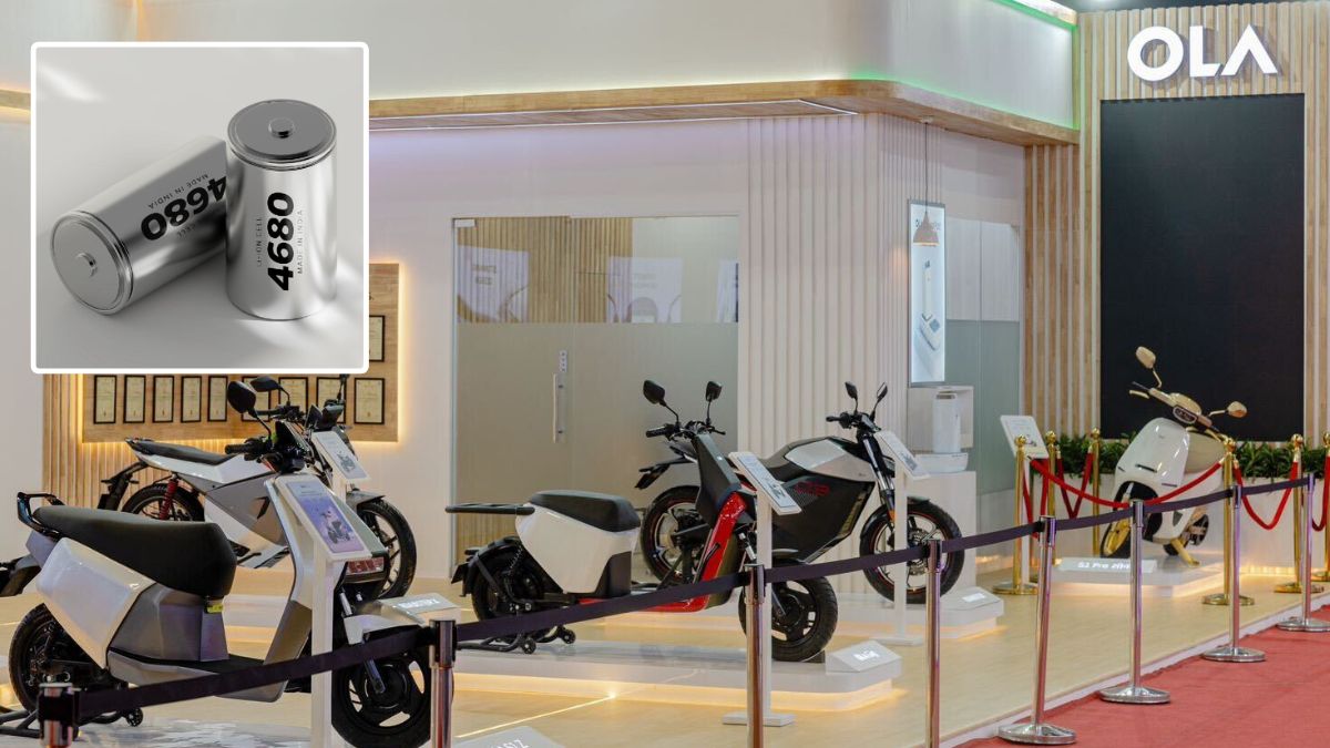 Representative: The new 4680 Bharat Cell from Ola (inset) and the Ola Electric pavilion at the Bharat Mobility Global Expo 2025 [File] | Ola Community